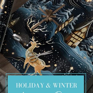 May include: Holiday and winter-themed wrapping paper with a dark blue background featuring a winter scene with houses, trees, and a deer. A wrapped gift with a brown bow is on top of the paper. The text "HOLIDAY & WINTER Wrapping Paper" is in a blue box.
