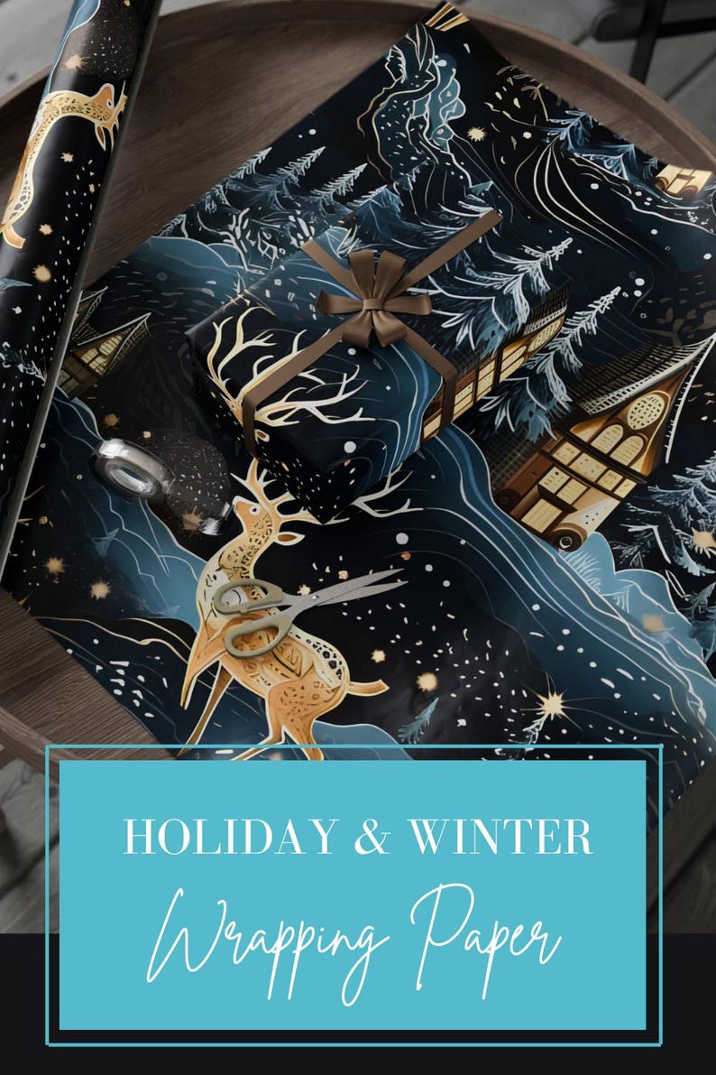 May include: Holiday and winter-themed wrapping paper with a dark blue background featuring a winter scene with houses, trees, and a deer. A wrapped gift with a brown bow is on top of the paper. The text "HOLIDAY & WINTER Wrapping Paper" is in a blue box.
