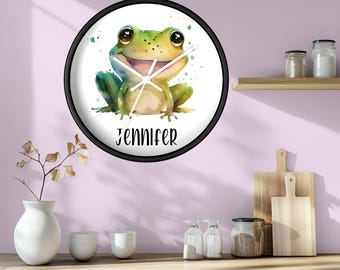 Personalized Frog Clock Wall Decoration Nursery Decor Frog Theme Kids Room Wall Art Custom Design Name Display Animal Motif Watercolor Style