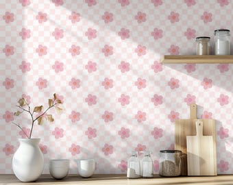 Nursery Wallpaper Pink Flower Design Accent Wall for Baby Girl Room Decor Checkered Background Pink Daisy Nursery Wall Decal Checkered