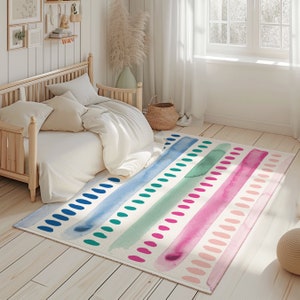 Polka Dot Toddler Rug Rainbow Striped Playroom Rug Nursery Decor Colorful Toddler Mat Baby Room Carpet Girls Bedroom Rug Girls Pink Rug