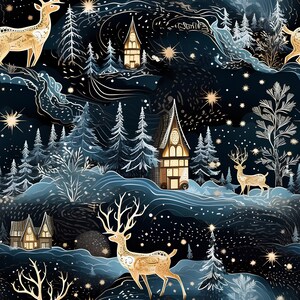 May include: A repeating pattern featuring a winter forest scene with stylized deer, houses, and trees in shades of blue, white, and gold. The design includes stars and a night sky, creating a whimsical, festive aesthetic.