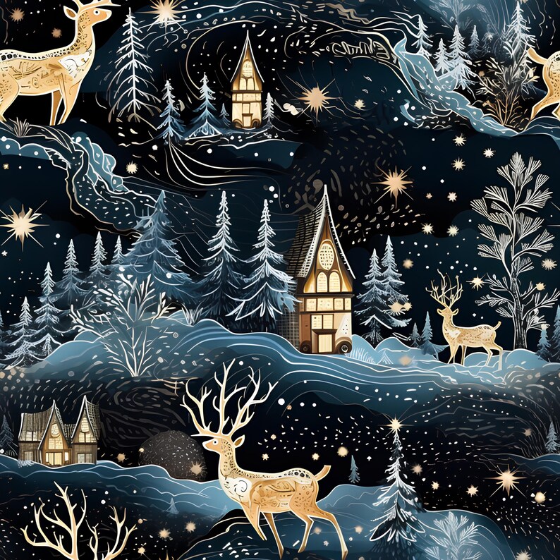 May include: A repeating pattern featuring a winter forest scene with stylized deer, houses, and trees in shades of blue, white, and gold. The design includes stars and a night sky, creating a whimsical, festive aesthetic.