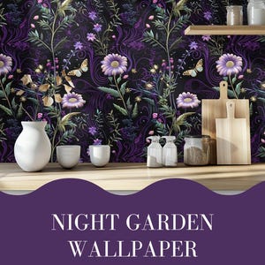May include: Purple floral wallpaper with a dark background and intricate details. The wallpaper features a repeating pattern of flowers, leaves, and butterflies. The wallpaper is shown in a kitchen setting with a white countertop and wooden shelves.
