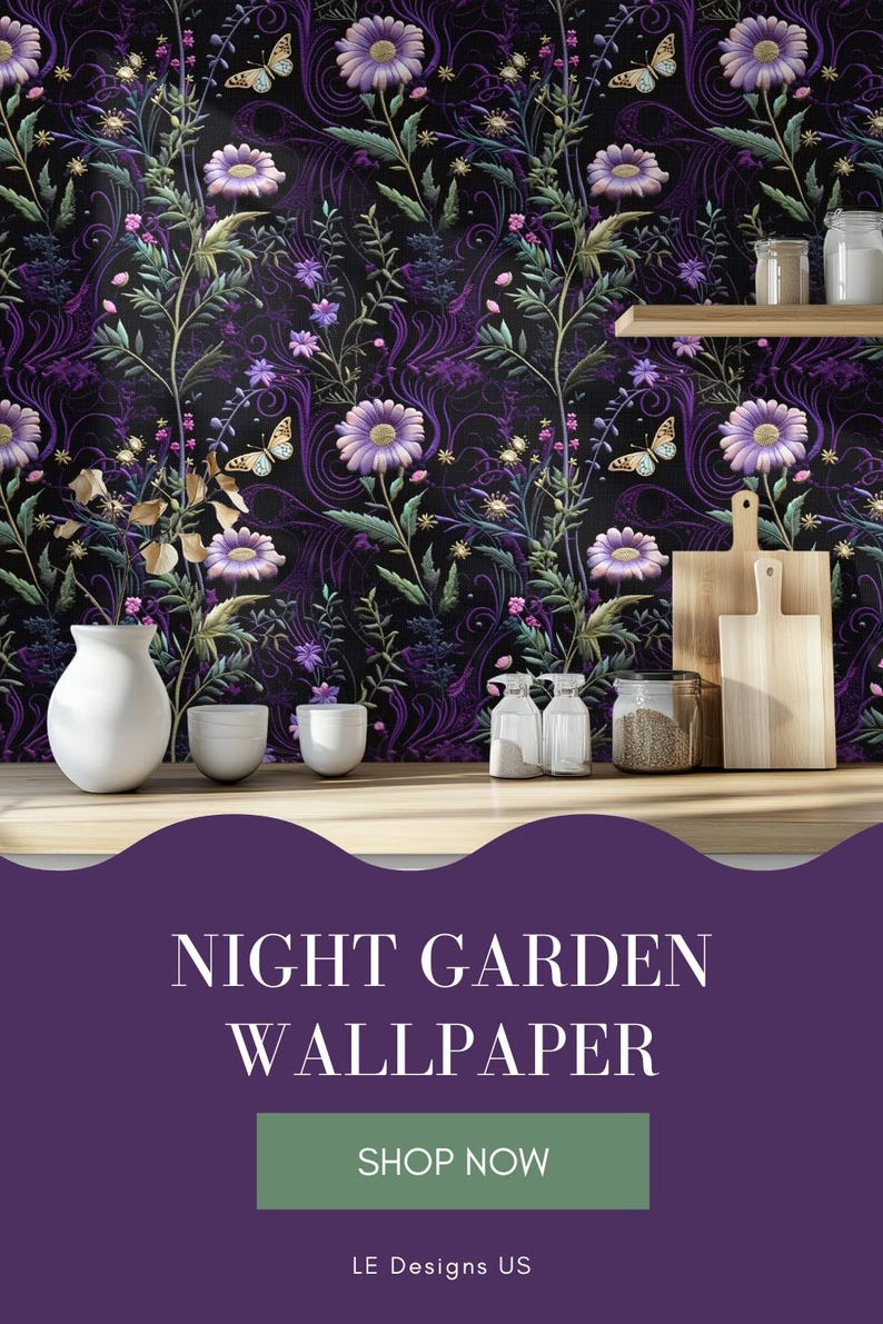 May include: Purple floral wallpaper with a dark background and intricate details. The wallpaper features a repeating pattern of flowers, leaves, and butterflies. The wallpaper is shown in a kitchen setting with a white countertop and wooden shelves.