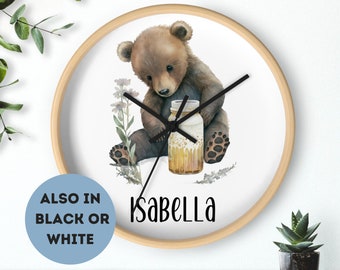 Customizable Bear and Honey Round Wall Clock for Kids Bedroom Cute Wall Art for Nursery Woodland Theme Animal Art for Playroom Bear Decor