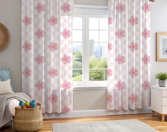 Decorazione per camera da letto con fiori rosa, tenda a quadri rosa, stile trasparente, trattamento per finestre per cameretta delle bambine, design con fiori di margherita, decorazione per cameretta dei bambini, rosa e bianco