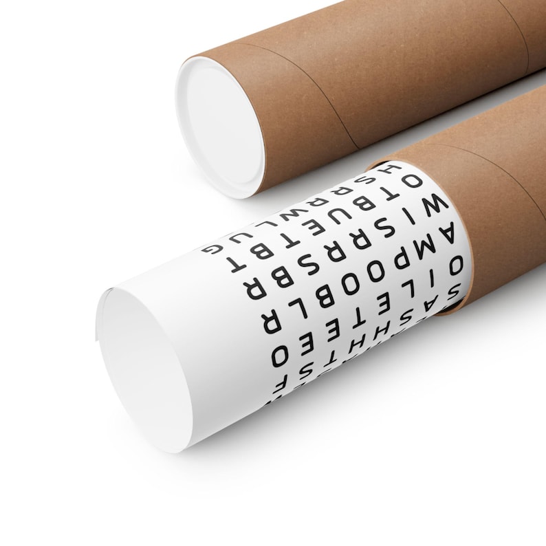 May include: A white poster tube with a brown cardboard cap. The poster tube has black text printed on it, including the words "OILEO", "AMPO", "WIS", "OTB", "RUEBT", "BR", "B8", "TB", "WLJ", "LG".