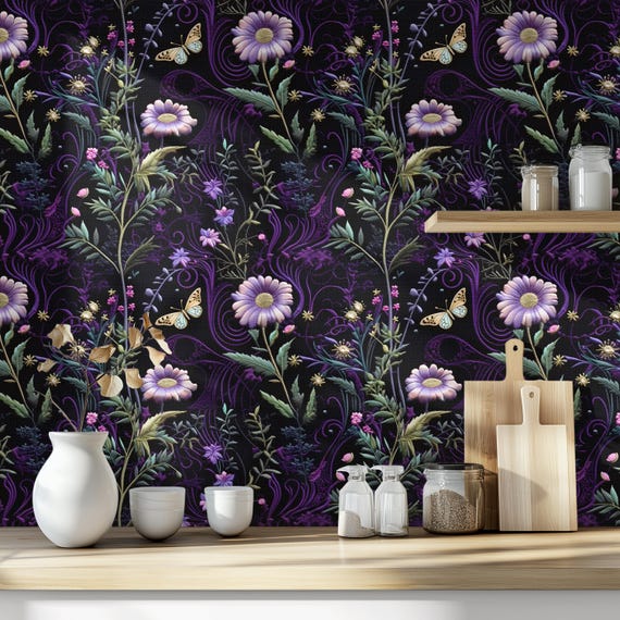Peel and Stick Wallpaper Dark Floral Gothic Home Decor Night Garden Wall Decor Black Floral Removable Victorian Enchanted Temporary Room