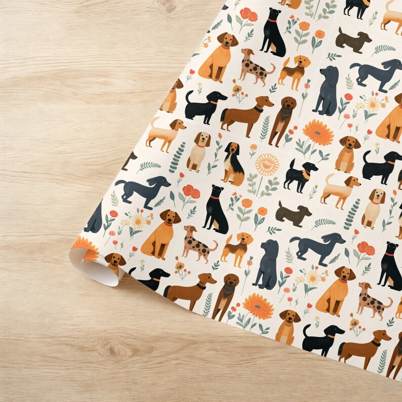 May include: A white background with a repeating pattern of dogs in various breeds and colors. The dogs are surrounded by small green leaves and orange flowers.