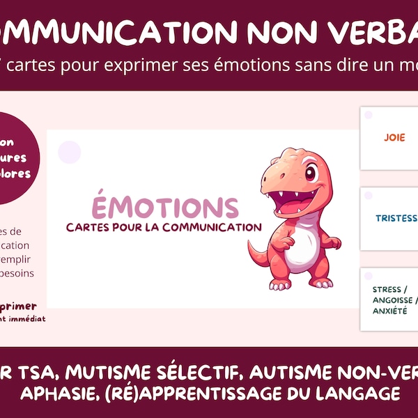 Communication cards Emotions autistic person ASD Autism selective mutism child non-verbal aphasia Printable PDF Flash card Dinosaur