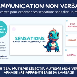 Cartes de communication Sensations Autisme mutisme sélectif TSA enfant non-verbal autiste aphasie PDF imprimable Flash card Dinosaure