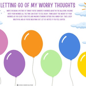 Letting Go of Worry Thoughts/ Anxiety Worksheet/ Child and Adolescent Anxiety Worksheets/Mindfulness Worksheet/ Kids Mindfulness/