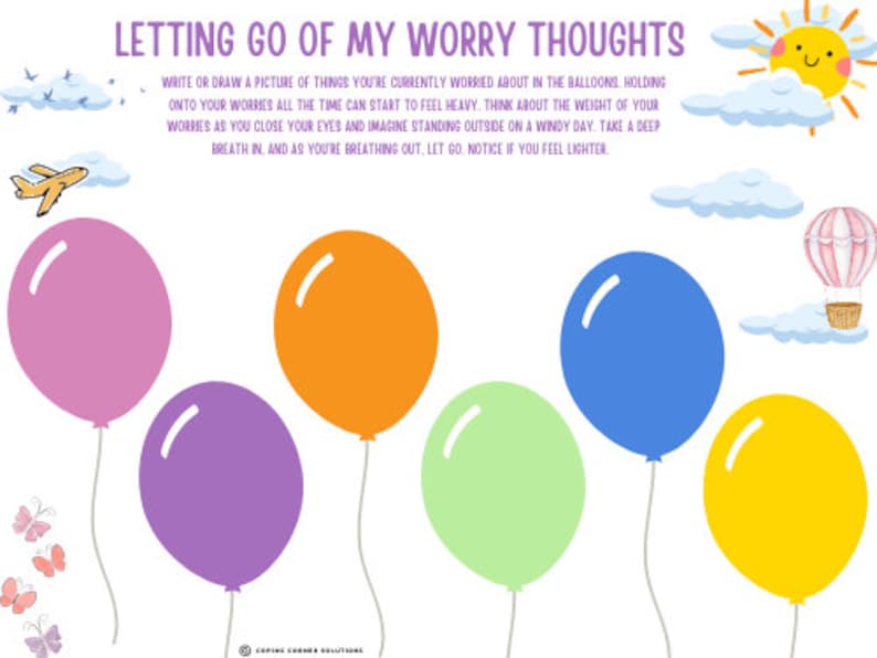 Letting Go of Worry Thoughts/ Anxiety Worksheet/ Child and Adolescent