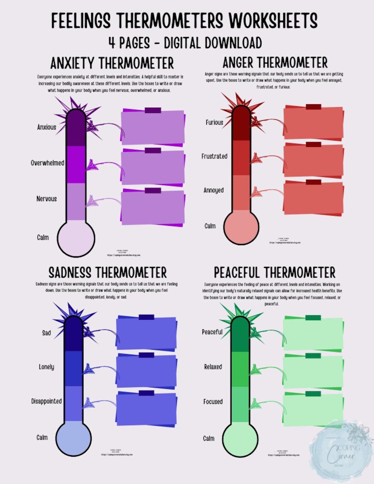 Feelings Thermometer Worksheets/kids Emotion Identification/anger Thermometer /anxiety