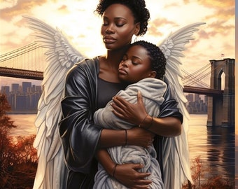 Inspirational Black Mother: Angelic Wings, Prayer, and Brooklyn Bridge - Leinwanddruck