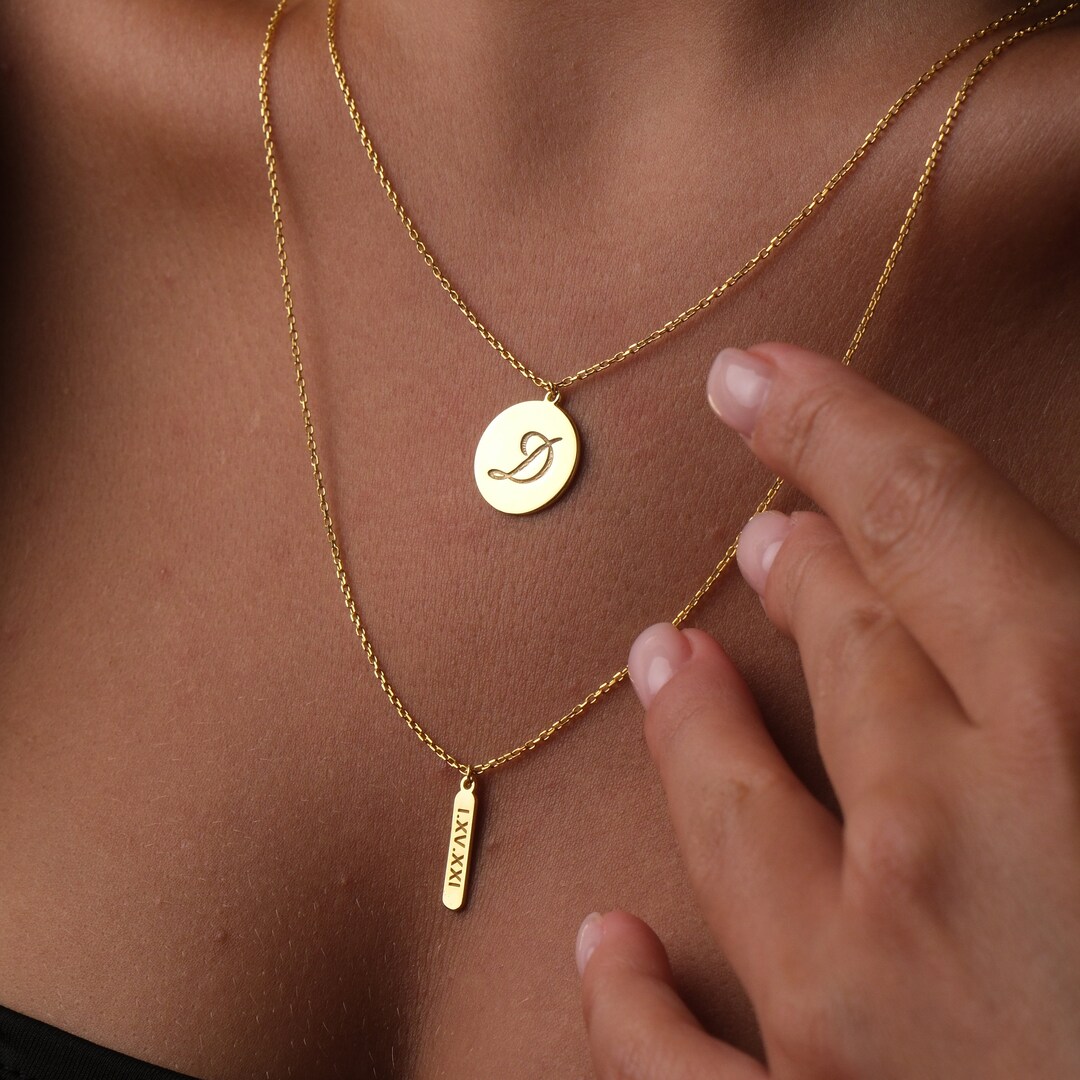 Double Chain Letter Necklace 14K Gold Custom Necklace Gift Etsy