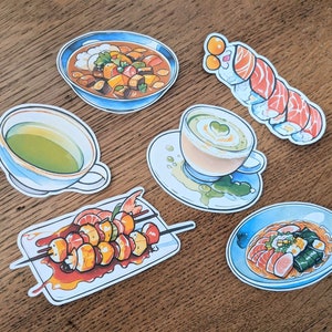 Ensemble d’autocollants de cuisine japonaise, Matcha Latte, Shoyu Ramen, Poulet Yakitori, Sushi Maki au saumon, Curry de poulet Kare Raisu, Thé vert