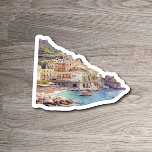 Autocollant découpé aquarelle côte amalfitaine, autocollant voyage en Europe, autocollant souvenir attraction italienne, cadeau de révélation de vacances surprise