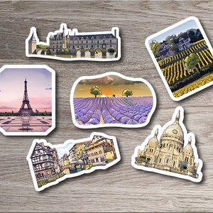 6 Autocollants Voyage en France Attractions Bundle, Tour Eiffel, Sacré Cœur, Champ de Lavande, Vignoble, Strasbourg, Château de Chenonceau
