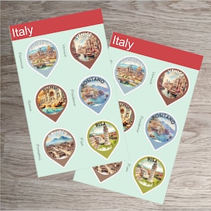 Feuille d'autocollants pour liste de seaux de voyage en Italie, autocollants de planificateur de vacances pour journal, carnet de notes, ordre du jour, fournitures de scrapbooking, grandes villes italiennes