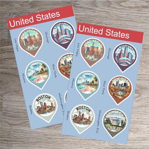 Feuille d'autocollants de liste de seaux de voyage des États-Unis pour l'organisateur de vacances, le journal, le carnet, l'ordre du jour, les fournitures de scrapbooking, les grandes villes américaines