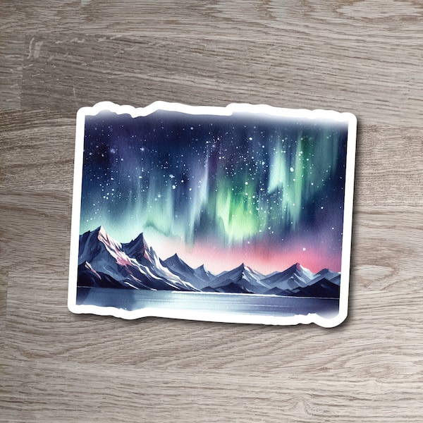 Watercolor Mountain Range with Northern Lights Sticker, Aurora Borealis Souvenir, Surprise Vacation Reveal Gift, Laptop and Notebook Decor