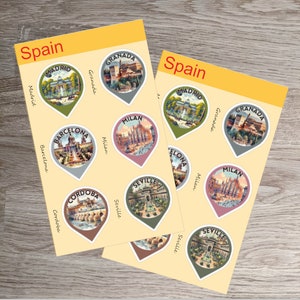 Feuille d'autocollants de liste de seaux de voyage en Espagne, autocollants de planificateur de vacances pour journal, carnet de notes, ordre du jour, fournitures de scrapbooking, grandes villes espagnoles