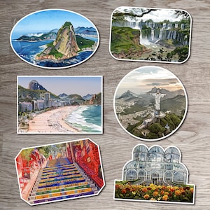 Voyage au Brésil, attractions et autocollants souvenirs, Christ Rédempteur, plage de Copacabana, Escadaria Selaron, chutes d'Iguazú, Pain de Sucre
