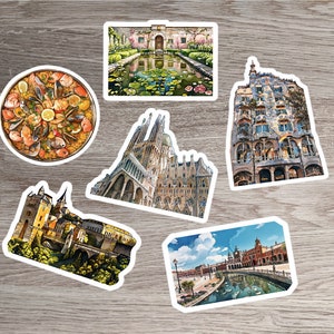 Lot de 6 stickers Voyage en Espagne, Sagrada Familia, Alhambra, Jardin du palais, Casa Batllo, Paella, Plaza de España