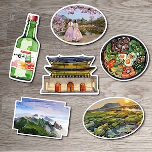 Lot de stickers Voyage en Corée du Sud Asie, Bibimbap, porte Gwanghwamun, cerisiers en fleurs Hanbok, île de Jeju, parc national de Seoraksan, Soju