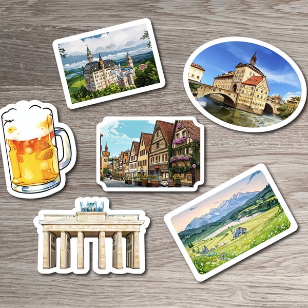 6 Stickers Travel to Germany Attractions Bundle, Rothenburg ob der Tauber, Neuschwanstein, Brandenburg Gate, Altes Rathaus, Eibsee, Beer