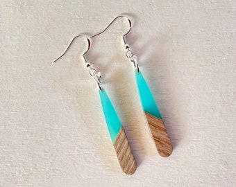 super cool bright turquoise resin and wood earrings