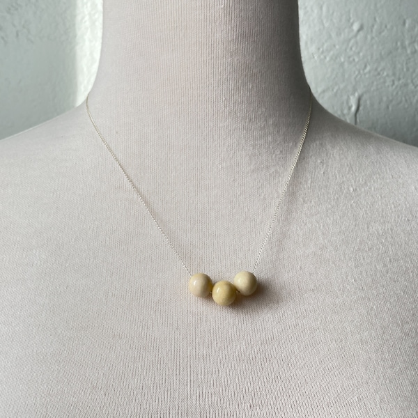 sterling silver curb chain with 3 large round ivory pale yellow Burmese jade necklace