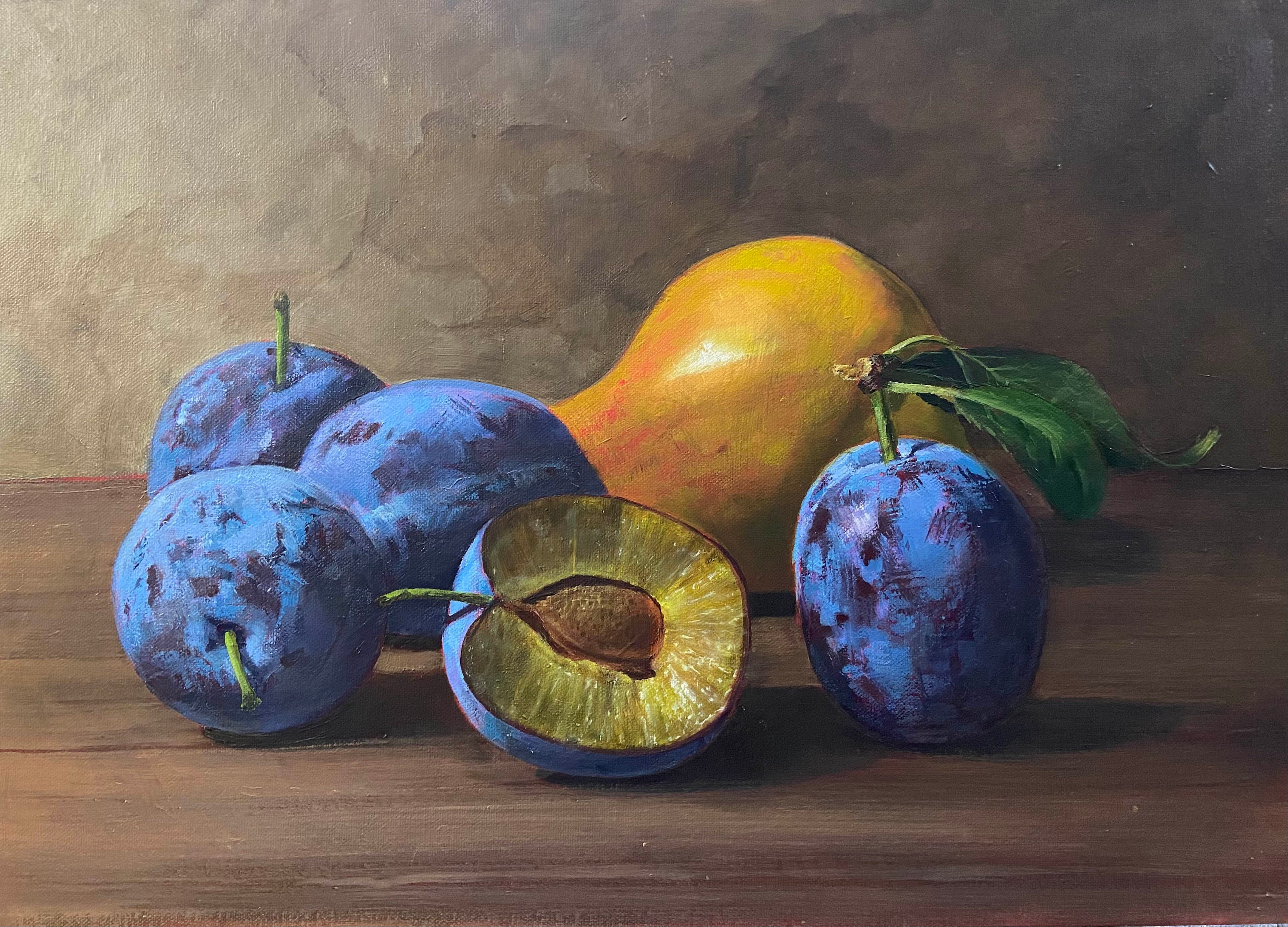 Plums and Pear Oil Painting Still Life Classic Vintage Fruit Blue - Etsy