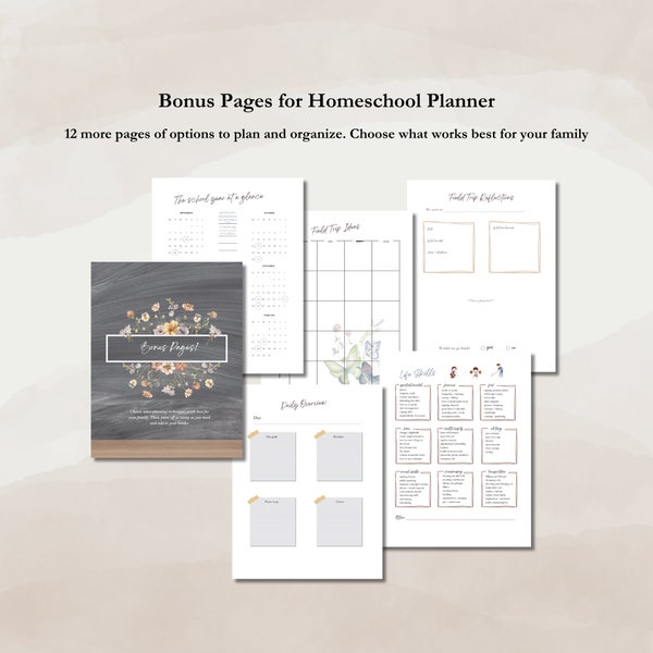 BONUS Homeschool Planner-pagina's | Afdrukbare dagelijkse planners | Logboeken en trackers voor thuisonderwijs | Checklist voor levensvaardigheden voor kinderen | Organisatiehulpmiddelen