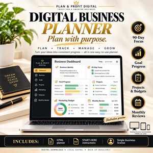 Op de afbeelding: Een digitale bedrijfsplanner op een laptopscherm met een dashboard voor bedrijfsidentiteit, doelvoortgang, marketingbudget en maandelijkse beoordelingen. De tekst luidt Plan & Profit Digital en Plan with purpose, inclusief diverse iconen.