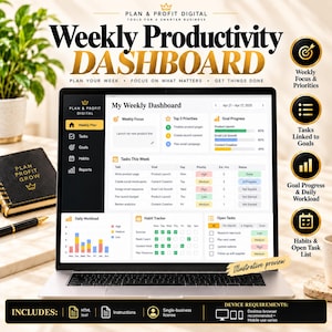 Wekelijks productiviteitsdashboard, taak- en gewoontetracker, interactieve HTML-planner