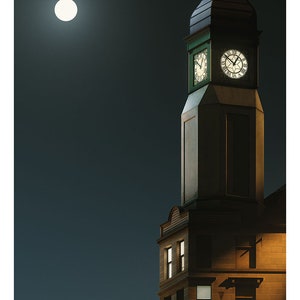 May include: A clock tower with a large clock face illuminated by the moon. The tower is made of brick and has a green roof. The clock face has Roman numerals and a star in the centre. The tower is silhouetted against a dark blue sky.