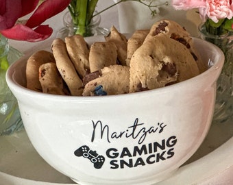 Personalized “Gaming Snacks” Gift Bowl, Custom Gamer Gifts, Birthday Gift for Him or Her, Sturdy Vinyl Decal on White Bowl, Valentines Gifts