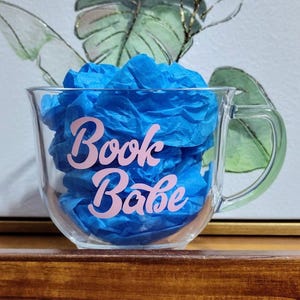 Book Babe Glass Tea/Coffee Mug, Groovy Mug, Gift for Her, Birthday Gifts, Mother’s Day Gifts, Bookish Gift, Reader Gift, Vinyl Color Options