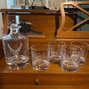 Custom Engraved Decanter and 4 Whiskey Glasses, Personalized for Military Personnel, Air Force Gifts