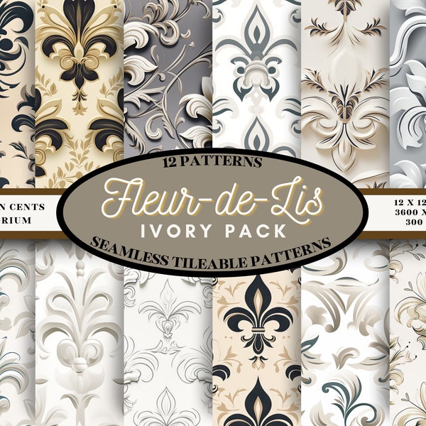 Fleur de Lis Ivory digital paper, seamless pattern, scrapbook paper, regal digital background, instant download for commercial use