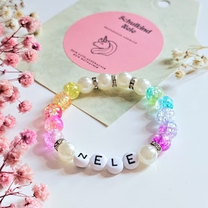 Bracelet écolier Fille Bracelet Personnalisé Prénom / Licorne Arc-en-Ciel / Rentrée Scolaire / Remplissage Cartable / Débutants Scolaires / Rose Pastel