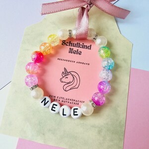 Schulkind Armband Mädchen Personalisiertes Armband Name / Regenbogen Einhorn / Schulstart / Füllung Schultüte / Schulanfänger / Pastell Rosa
