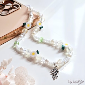 Handykette Blumen - Daisy Charm, Kawaii Phone Charm, Handmade Accessoire, weiße Blüten Anhänger, Kawaii Phone Strap, Geschenk für Mädchen