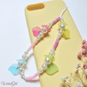 Kleurrijke telefoonketting met bloemen, telefoonhanger, fairycore sieraden, trendy telefoonaccessoires, pastel neon, handgemaakte parelsieraden, cadeau voor haar