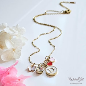 Collar personalizado con corazón, cadena de oro con iniciales, delicado colgante de collar, cadena de mariposa, acero inoxidable bañado en oro de 18k