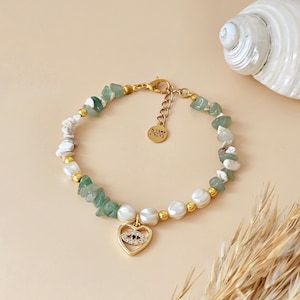 Evil Eye Gemstone Bracelet, Shell Bracelet, Stainless Steel 18k Gold Filled, Lucky Bracelet Aventurine Bracelet, Designer Jewelry, Gift for Her