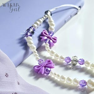 Chaîne de téléphone portable Kawaii, pendentif nœud, mignon, violet, fait à la main, bijoux esthétiques, perles scintillantes, cadeaux pour elle